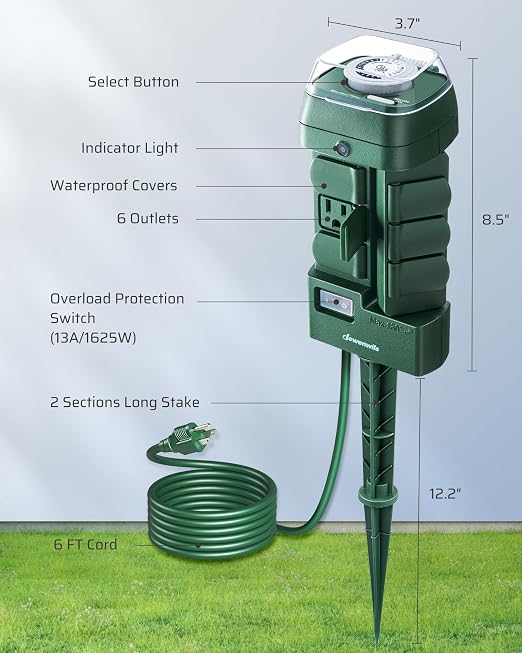 DEWENWILS Outdoor Power Stake Timer, Mechanical Strip Timer with 6ft Cord | Waterproof, 6 Grounded Outlets(3 180°Rotatable), Works for Lights, Yard, Garden, 1625W/13A, UL Listed