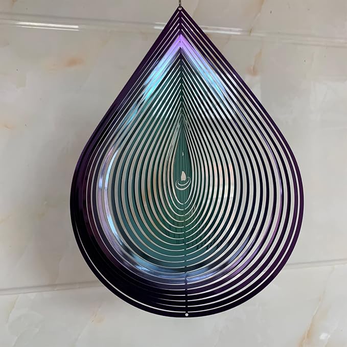 Wind Spinner Garden Indoor Outdoor Decor 3D Stainless Steel Metal Hanging Decorations, Water Droplets Shape Wind Sculptures & Spinners 12inch(Green&Purple),Gifts for Women Mom Dad Friend