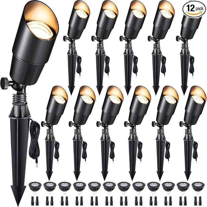 Gardenreet LED Spot Light Outdoor - Die-Cast Brass 12V Uplighting Waterproof, Low Voltage Landscape Lights Metal, Black for Fence Fountain with Warm White MR16 Replaceable Bulbs (12 Pack)