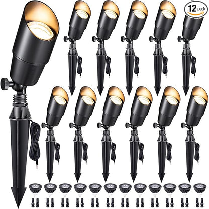 Gardenreet LED Spot Light Outdoor - Die-Cast Brass 12V Uplighting Waterproof, Low Voltage Landscape Lights Metal, Black for Fence Fountain with Warm White MR16 Replaceable Bulbs (12 Pack)