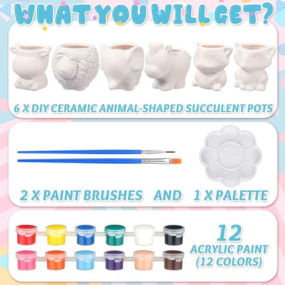 Beeveer 6 Sets Paint Your Own Animal Shaped Succulent Planter Spring Mini Unpainted Flower Pots Cartoon DIY Paintable Kit for Kids Classroom Craft Project Activity Birthday Gift