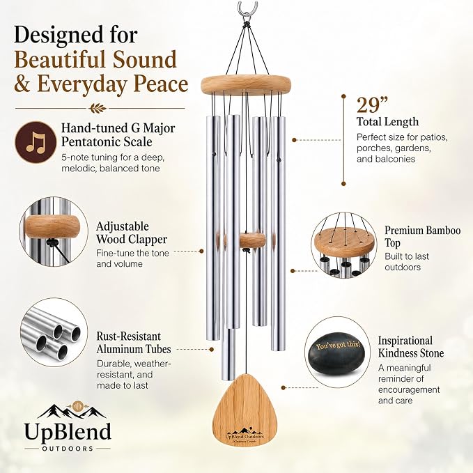Silver Wind Chimes for Outside Deep Tone, 29 Inch Hand Tuned B Major Pentatonic Soprano Wind Chime with Decorative Kindness Stone, Outdoor Garden Patio Porch Decor, Meaningful Sympathy Memorial Gift