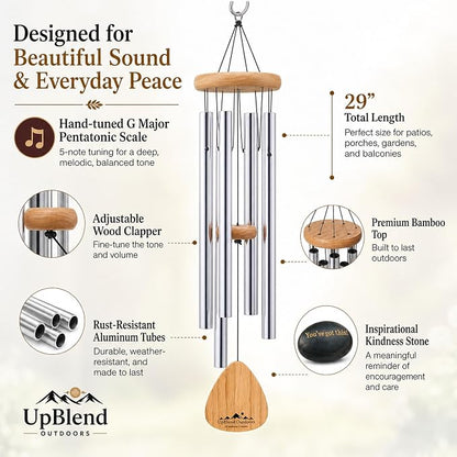 Silver Wind Chimes for Outside Deep Tone, 29 Inch Hand Tuned B Major Pentatonic Soprano Wind Chime with Decorative Kindness Stone, Outdoor Garden Patio Porch Decor, Meaningful Sympathy Memorial Gift