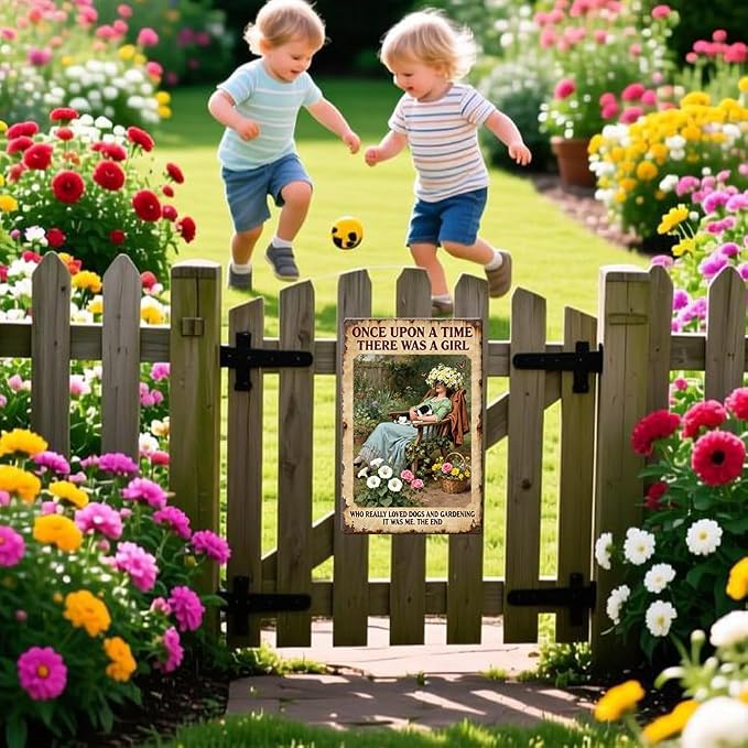 Garden Metal Tin, A Girl Loves Dogs and Gardening Sign | Funny Wall Art for Outdoor Garden Yard Porch Patio Backyard Wall Decor,Gardening Gifts for Women
