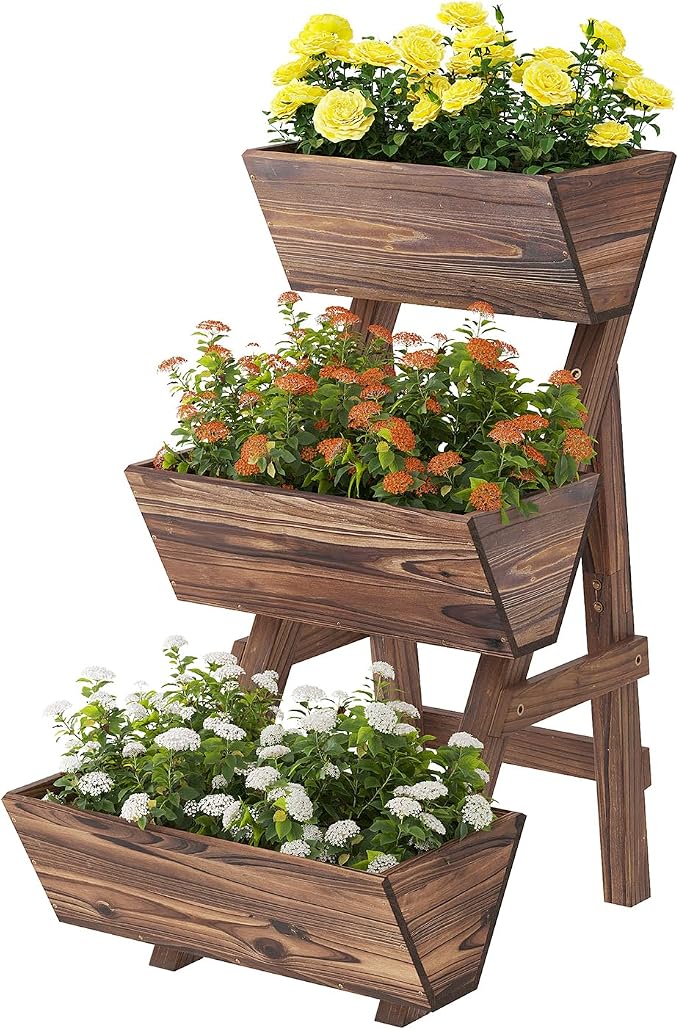 3-Tiers Wooden Raised Garden BedPlanter Box Gardening Outdoor Planter Box Patio Kit Tiered Planter Box Vertical Garden Planter Wood Plant Stand for Patio, Balcony, Freestanding (Carbonized S)