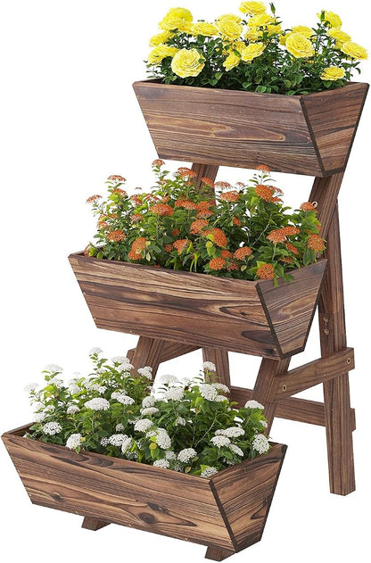3-Tiers Wooden Raised Garden BedPlanter Box Gardening Outdoor Planter Box Patio Kit Tiered Planter Box Vertical Garden Planter Wood Plant Stand for Patio, Balcony, Freestanding (Carbonized S)