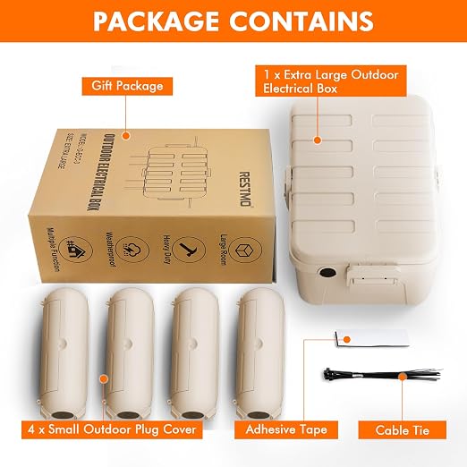 RESTMO 5-Piece Outdoor Waterproof Electrical Box Set – 12.5" x 8.5" x 5" Large & 7.1" x 2.3" x 2.3" Small, Weatherproof Boxes for Power Strip, Outlet, Plug, Socket, Timer, Holiday Light, Almond