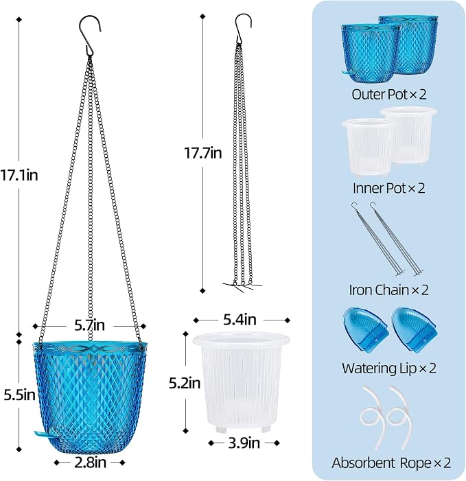 QCQHDU 5.7 Inch 2 Pack Small Hanging Planters for Indoor Outdoor Plants,Self Watering Flower Pots Hanging Basket Plant Hanger with Drainage Holes and 3 Hooks for Window Porch Garden Balcony, (Blue)