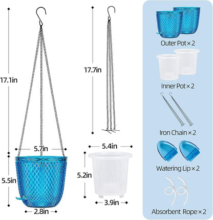 QCQHDU 5.7 Inch 2 Pack Small Hanging Planters for Indoor Outdoor Plants,Self Watering Flower Pots Hanging Basket Plant Hanger with Drainage Holes and 3 Hooks for Window Porch Garden Balcony, (Blue)