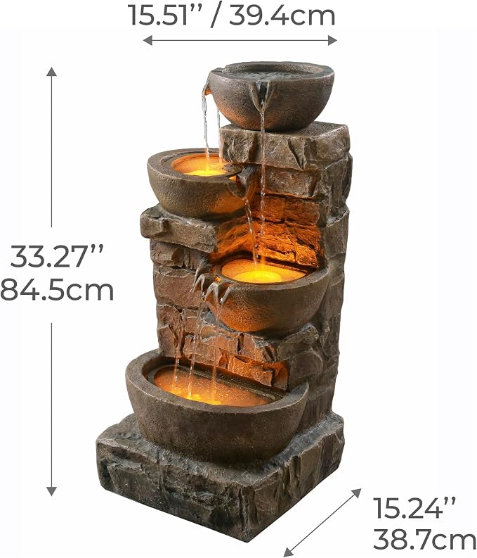 Teamson Home 33.27" Cascading Bowls & Stacked Stones LED Water Fountain for Outdoor Living Spaces, Brown | LED Lights, Cascading Bowls & Stacked Stones, Polyresin, For Patio, Garden, Balcony, Lawn, Yard