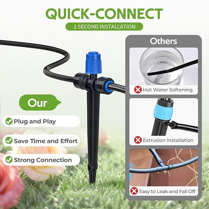HIRALIY 50FT Quick-Connect Drip Irrigation Kit, Garden Watering System with 40FT 1/4" Tubing, 10FT Main Hose & 12 Adjustable Drippers for Patio Pots, Raised Beds & Small Vegetable Gardens