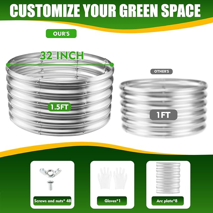 TBMLC 17" Tall Elevated Round Metal Rised Garden Bed- 2.7'x2.7' in Size and 0.8MM Thick Durable Planter Box for Vegetables Flowers Succulent at Patio/Garden Outdoor (Silver, 2.7FT Diameter)