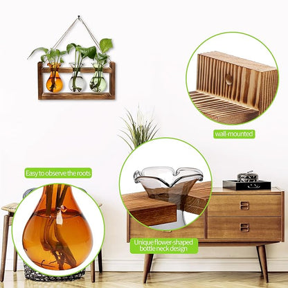 Plant Propagation Station Plant Terrarium Unique Birthday Gifts for Women | Plant Lovers Home Office Decor Planter with Wooden Stand - 3 Bulb Glass Vase