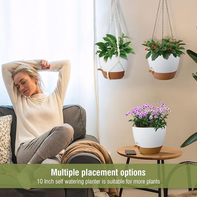 Meowell 10 inch Self Watering Hanging Planters, 2 Pack Hanging Baskets for Indoor Outdoor Plants, Hanging Flower Pots with Drainage Holes & 2 Kinds of Plant Hangers for Garden Home Décor, White Brown