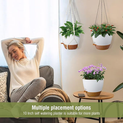 Meowell 10 inch Self Watering Hanging Planters, 2 Pack Hanging Baskets for Indoor Outdoor Plants, Hanging Flower Pots with Drainage Holes & 2 Kinds of Plant Hangers for Garden Home Décor, White Brown