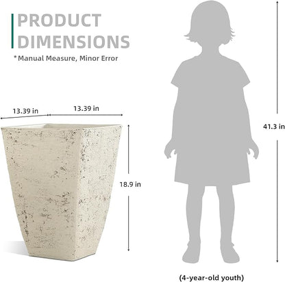 Autodaya 19" Country White Square Tall Planters Set of 2 with Drainage Hole | Handmade Birch Bark Texture, Large Indoor and Outdoor Flower Pots for Front Porch, Garden, Patio, or Entryway Decor