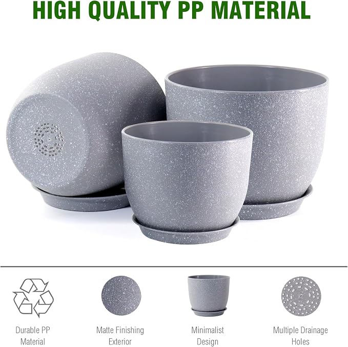 WSMKSZ 12/10/9 inch Large Plant Pots, 3 Pack Modern Decorative Plastic Planters with Drainage Holes and Saucer for House Garden Plants, Flower Pots for Indoor Outdoor Plants, Speckled Grey