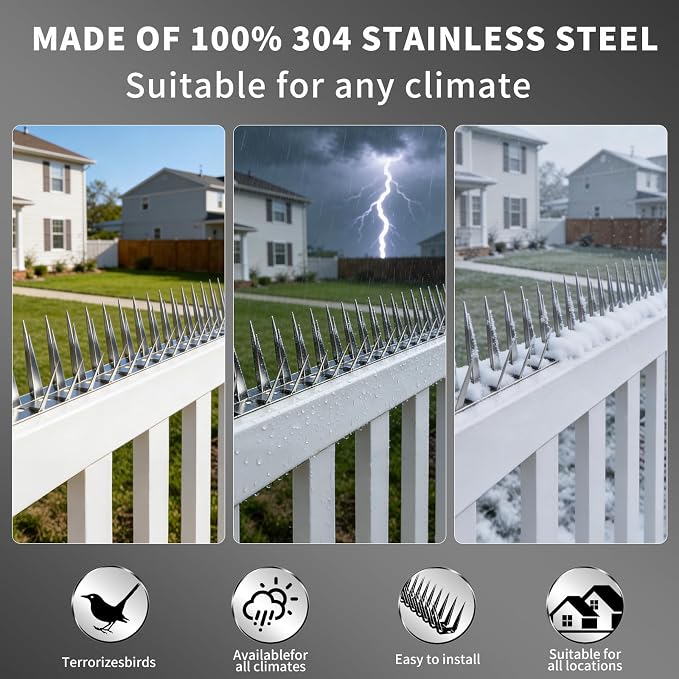 Bird Spikes, 12M Stainless Steel Bird Deterrent Spikes for Outside, Pigeon and Small Bird Control, Easy to Install Fence Roof Window Spikes, 40 Strips 40 Feet Coverage
