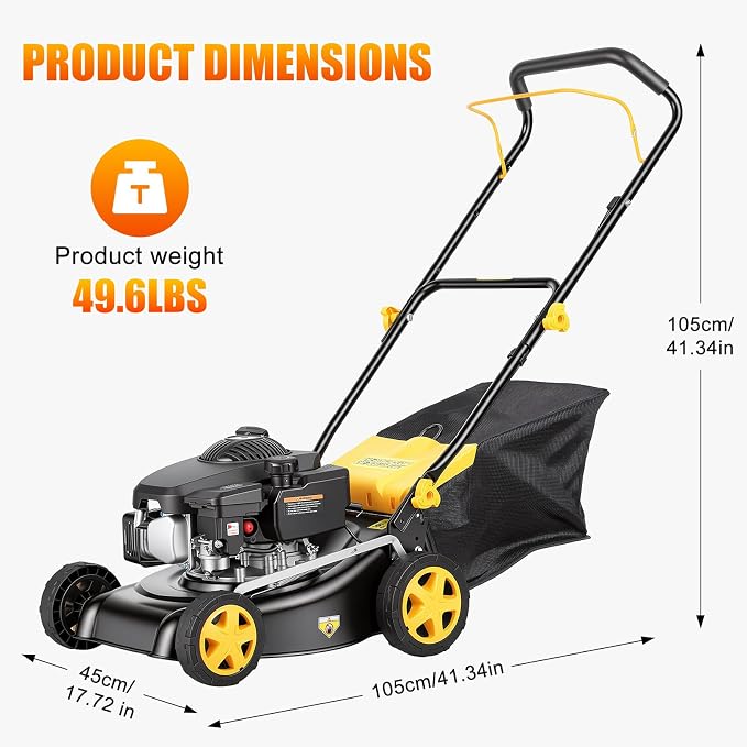 Self Propelled Gas Lawn Mower 16 Inch, 132 cc 4-Cycle Engine, 3-in-1 Rear Wheel Drive Variable Speed Lawn Mower with Mulching, Bagging, Lightweight, Powerful Lawnmower for Garden Yard, Easy Start