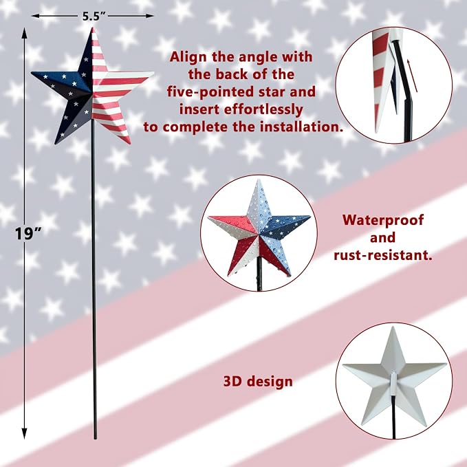 4th of July Decorations Outdoor 19" Metal Barn Star 6-Pack, Patriotic Outdoor Decorations, Rustic Iron Decorative Garden Stakes with American Flag Stars for Yard Patio Lawn