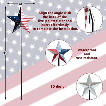 4th of July Decorations Outdoor 19" Metal Barn Star 6-Pack, Patriotic Outdoor Decorations, Rustic Iron Decorative Garden Stakes with American Flag Stars for Yard Patio Lawn