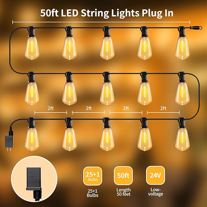 SANBEN Outdoor String Lights-50ft 25+1 ST38 Bulbs Patio Lights with Remote | Dimmable & Timer, IP65 Waterproof & Shatterproof, 24V Low-Voltage LED Lights for Outside Deck Garden Backyard Porch Party