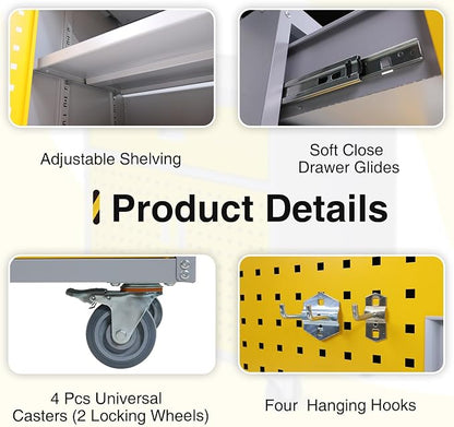 Metal Storage Cabinet with Wheels 30" x 18" x 34" Mobile Metal Garage Cabinet with 1 Drawer & 2 Doors Small Rolling Tool Storage Cabinet with 1 Adjustable Shelf & 4 Hanging Hooks, Yellow & Gray