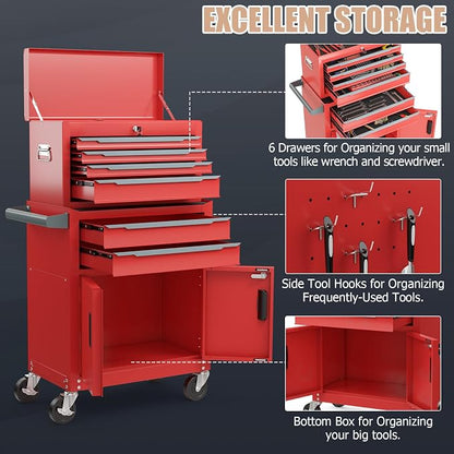 ERGOMASTER Large Rolling Tool-Chest with 6 Drawers Heavy Duty Tool-Cabinet on Wheels Lockable and Lock System for Garage Workshop(28 x 13 x 44”-Red)