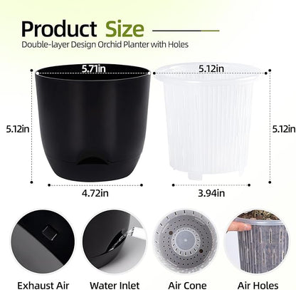 QCQHDU 5.7Inch Orchid Pots with Holes for Repotting, Double-Layer Plastic Self Watering Flower Pots for Indoor Plants with Drainage Holes, Clear Orchid Pot Match Decorative Orchid Container, 5 Packs