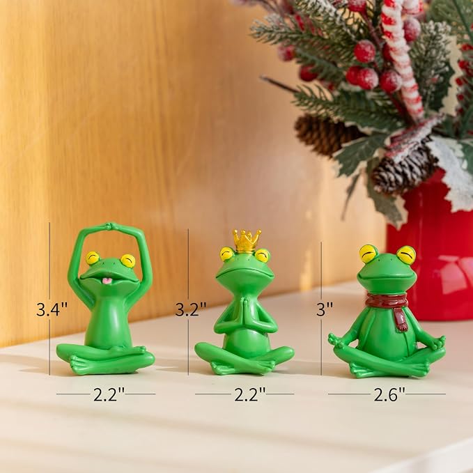 Set of 3 Meditating Green Frog Statues - Resin Zen Yoga Frogs Decor Sculptures - Small Cute Animal Figurines for Room, Shelf, Garden Patio - Relaxation Desk Decor & Gifts for Women