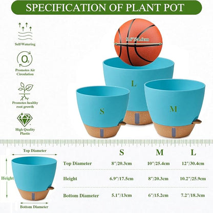 Ecolley Plant Pots 8/10/12 Inch Self Watering Pots, Set of 3 Plastic Planters with Drainage Holes and Saucers,Plastic Flower Pots,Nursery Planting Pot for Indoor Out Door PlantsBlue Green | Plastic Planters, Drainage Holes and Saucers, Indoor Outdoor U...