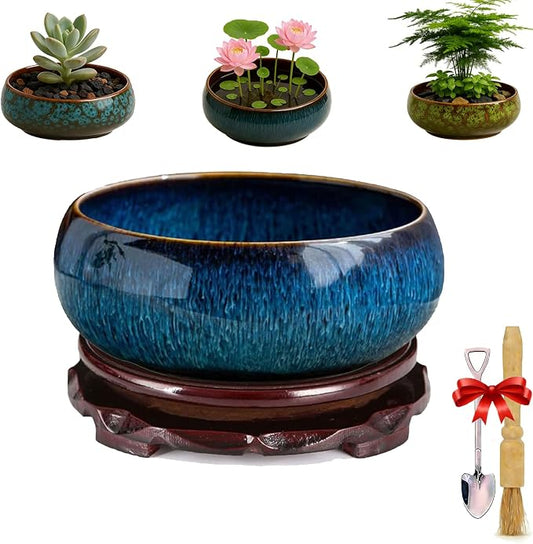 Lotus Bowl Planter - Ceramic Leak-Proof Hydroponic Pot with Rotating Bracket, 6.5 x 2.5 in Round Shallow Plant Glazed Vase, Indoor Water Planting for Home, Patio, Zen Garden Decor