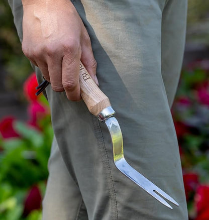 Burpee 12" Stainless Steel Weeder | Durable Long Lasting Garden Tool | Leather Wrist Strap 5" Handle, Oak