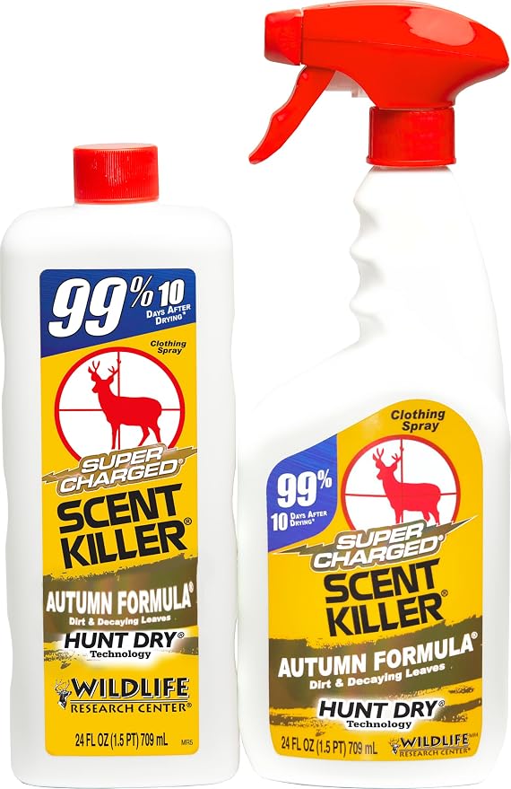 Wildlife Research Center Super Charged Scent Killer Autumn Formula Spray & Refill – Hunting Odor Eliminator with Scent of the Forest Floor – Works for Days – Deer (48 FL OZ Combo)