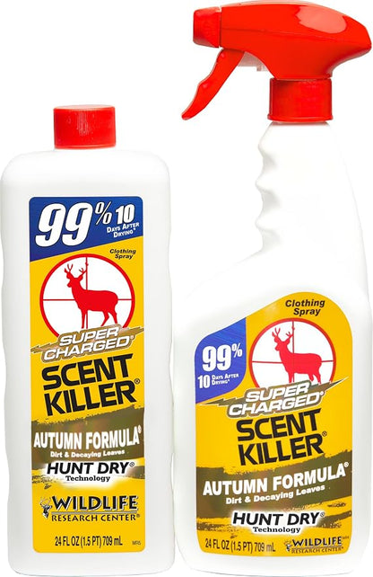 Wildlife Research Center Super Charged Scent Killer Autumn Formula Spray & Refill – Hunting Odor Eliminator with Scent of the Forest Floor – Works for Days – Deer (48 FL OZ Combo)