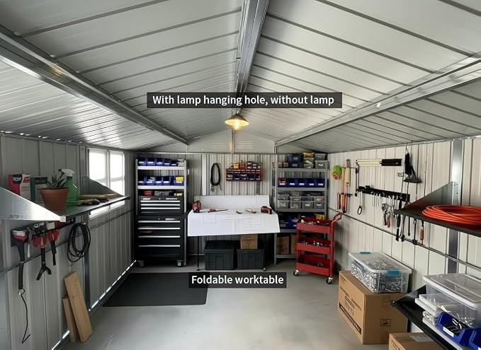 KEIKI 12x10 Ft Metal Outdoor Storage Shed Garden with Window, Foldable Worktable & Shelves, Lockable Door, Waterproof Apex Roof Heavy Duty Tool House for Backyard Garden Lawn, Brown