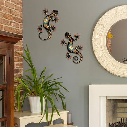 Metal Gecko Outdoor Decor -2 Pack Metal Gecko Wall Art Hanging Sculpture Decoration for Indoor or Outside, Garden Yard Fence Porch Wall Decorations