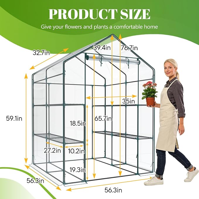 OLIXIS Outdoor Greenhouse, Walk-in Greenhouse with 2 Tier 8 Plant Shelves, Durable PVC Cover, 56"x56"x77" Portable Greenhouses for Outdoor Garden, Patio, Porch, Backyard Green Houses, Clear