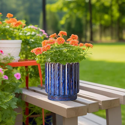 Ceramicfor Ceramic Plant Pots, 7.6 Inch, Blue | Drainage Hole, Fluted Round Design, Indoor & Outdoor Use, Modern Style