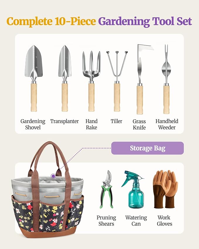10-Piece Garden Tool Set, Heavy-Duty Stainless Steel Rust-Proof Gardening Tools with Ergonomic Wood Handles, Reinforced Organizer Handbag for Planting, Gardening Gift Set for Women, Mother