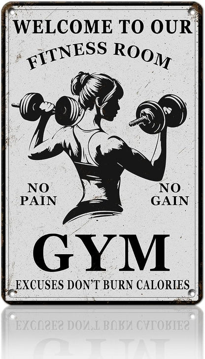 PEACHGARDEN Girl Gym Metal Tin Sign Welcome to Our Fitness Room Wall Art for Home Gym Weight Lifting Decor & Man Cave Workout Poster Motivational Wall Decor 8x12inch