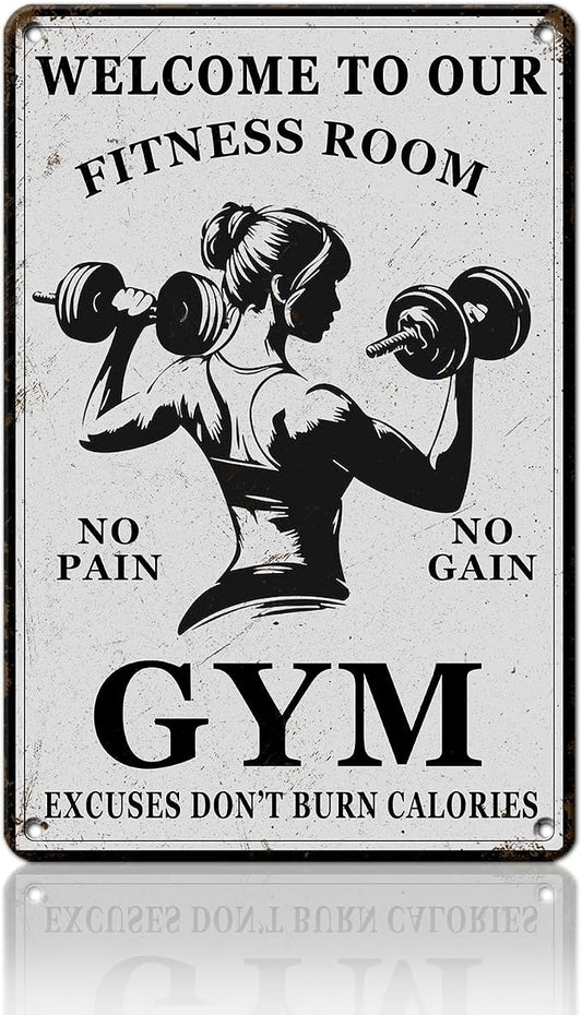 PEACHGARDEN Girl Gym Metal Tin Sign Welcome to Our Fitness Room Wall Art for Home Gym Weight Lifting Decor & Man Cave Workout Poster Motivational Wall Decor 8x12inch