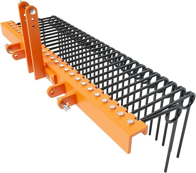 Garvee 72 Inch 3 Point Tractor Rake, Pine Straw Needle Rake | Steel Spring Landscape Rakes Durable Powder Coated Fit for Cat0,Cat1,Cat3 Tractors, Orange