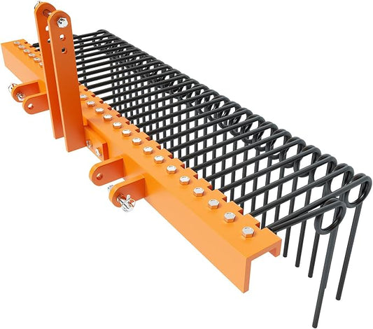 Garvee 72 Inch 3 Point Tractor Rake, Pine Straw Needle Rake | Steel Spring Landscape Rakes Durable Powder Coated Fit for Cat0,Cat1,Cat3 Tractors, Orange