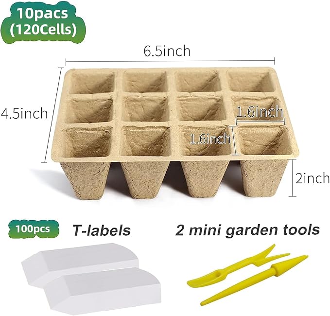 120 Cells Seed Starter Tray, 10 Pack Plant Starter Kit | Biodegradable Peat Pots with 100 Labels, Seed Starter Kit for Seedlings, Herbs, Vegetables, Indoor and Outdoor Gardening