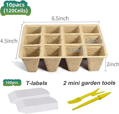 120 Cells Seed Starter Tray, 10 Pack Plant Starter Kit | Biodegradable Peat Pots with 100 Labels, Seed Starter Kit for Seedlings, Herbs, Vegetables, Indoor and Outdoor Gardening