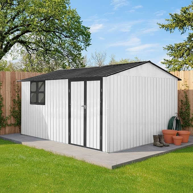 KEIKI 12x10 Ft Metal Outdoor Storage Shed Garden with Window, Foldable Worktable & Shelves, Lockable Door, Waterproof Apex Roof Heavy Duty Tool House for Backyard Garden Lawn, White Black