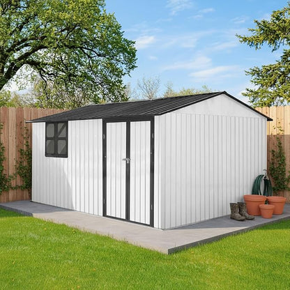 KEIKI 12x10 Ft Metal Outdoor Storage Shed Garden with Window, Foldable Worktable & Shelves, Lockable Door, Waterproof Apex Roof Heavy Duty Tool House for Backyard Garden Lawn, White Black