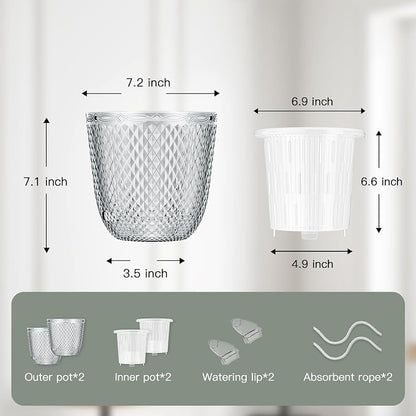 QCQHDU 2 Pack Self Watering Pots, 5.7 Inch, with Drainage Holes, Clear | Plastic Garden Planter with Water Filling Port for Indoor Plants