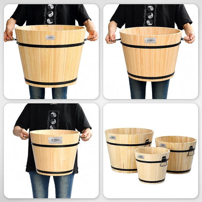 VINGLI 3 PCS Large Wooden Planter Barrel Set, 11.5"(Dia)- 18"(Dia), Real Wood Flower Pot with Drainage Holes, Different Sizes, Large Garden Container Box, Indoor & Outdoor (Honey)